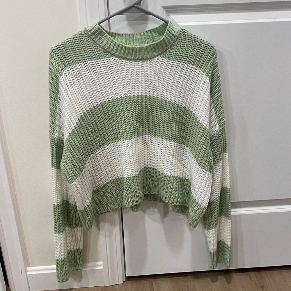 Green and White Striped Cropped Women's Sweater